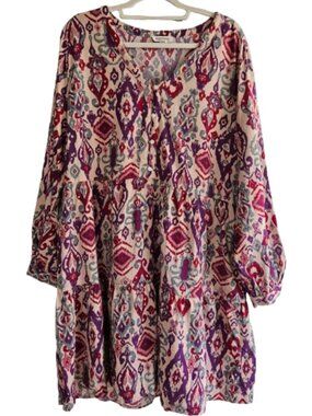 Beach Lunch Lounge Boho Ikat Tiered Tunic Dress Sz XL
